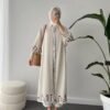 Lavanta Tekstil Nakış Işlemeli Tesettür Kimono Elbise Bej Keten