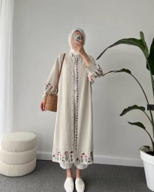 A2 Lavanta Tekstil Nakış Işlemeli Tesettür Kimono Elbise Bej Keten