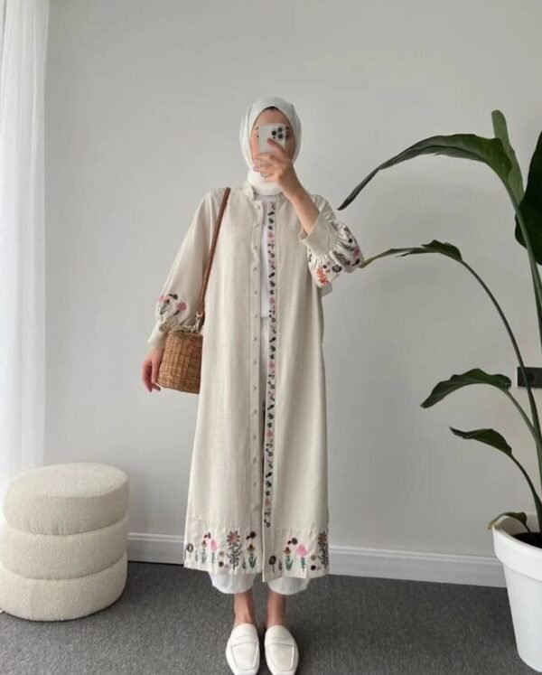 Lavanta Tekstil Nakış Işlemeli Tesettür Kimono Elbise Bej Keten