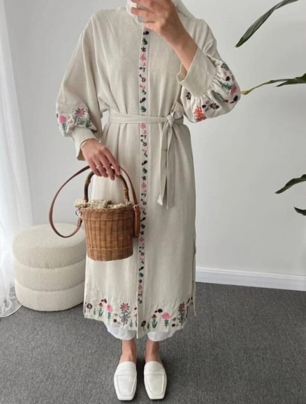 Lavanta Tekstil Nakış Işlemeli Tesettür Kimono Elbise Bej Keten