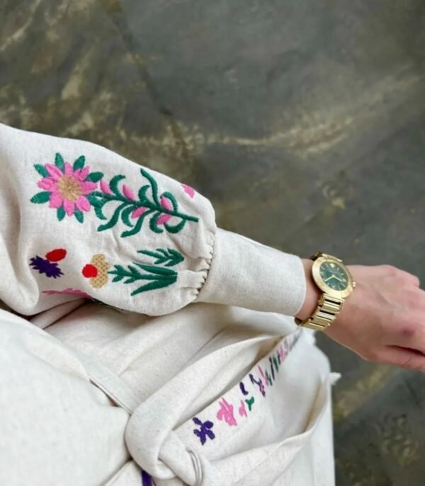 Lavanta Tekstil Nakış Işlemeli Tesettür Kimono Elbise Bej Keten