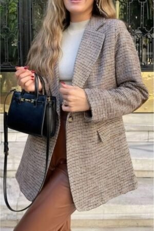 B3 Kahverengi Astarlı Dirsek Detaylı Tek Düğme Kruvaze Blazer Ceket