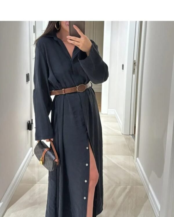 Lavanta Tekstil Kemerli Gömlek Elbise