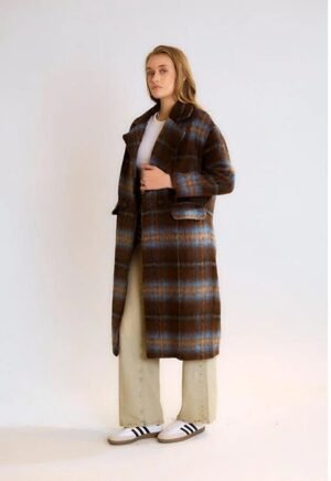 j2 Kruvaze Yaka Ekose Desenli Kaban